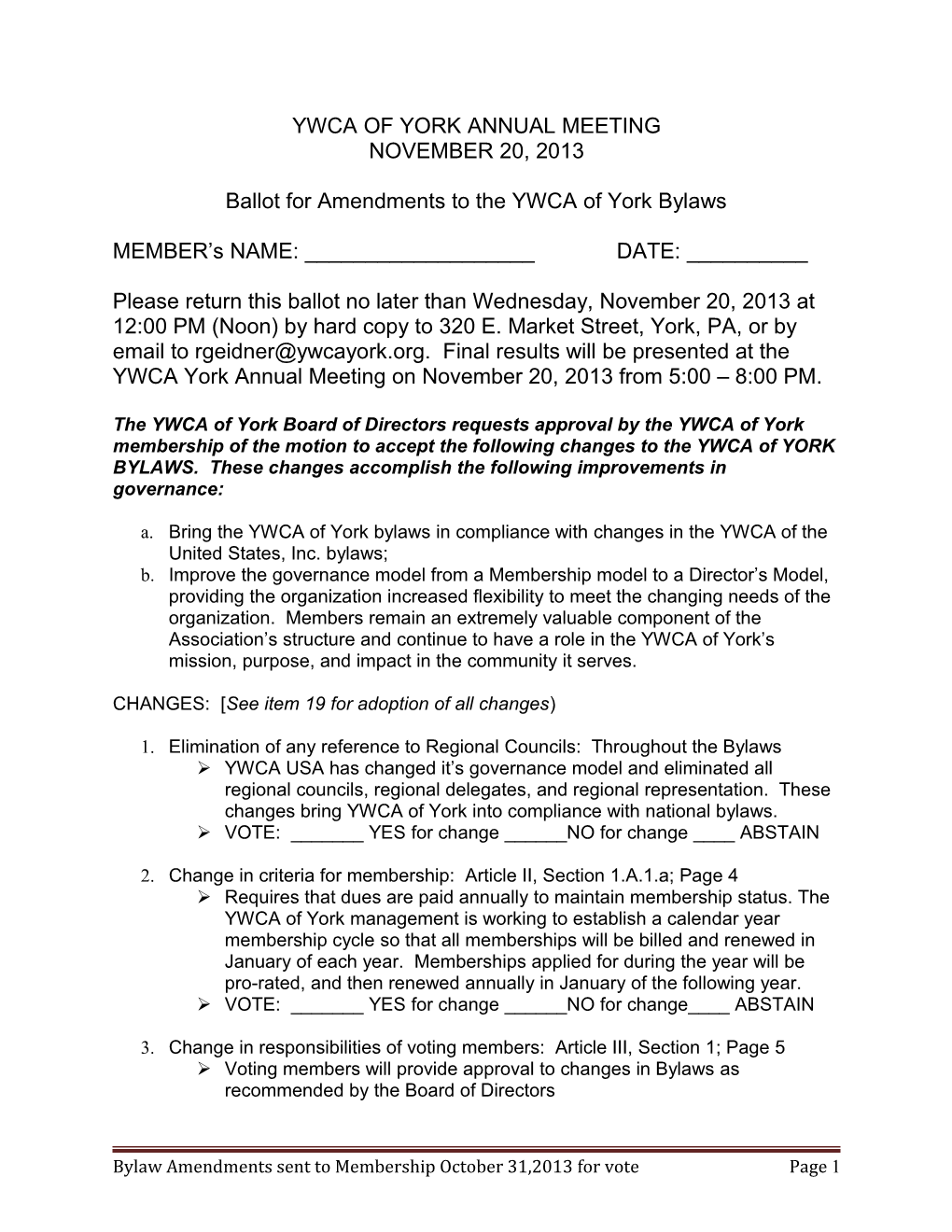 Ballot for Amendments to the YWCA of York Bylaws