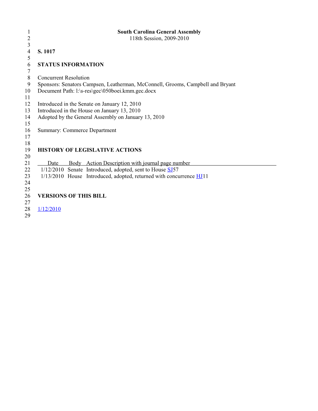 2009-2010 Bill 1017: Commerce Department - South Carolina Legislature Online