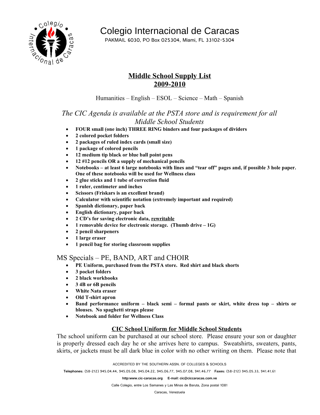 Middle School Supply List s1