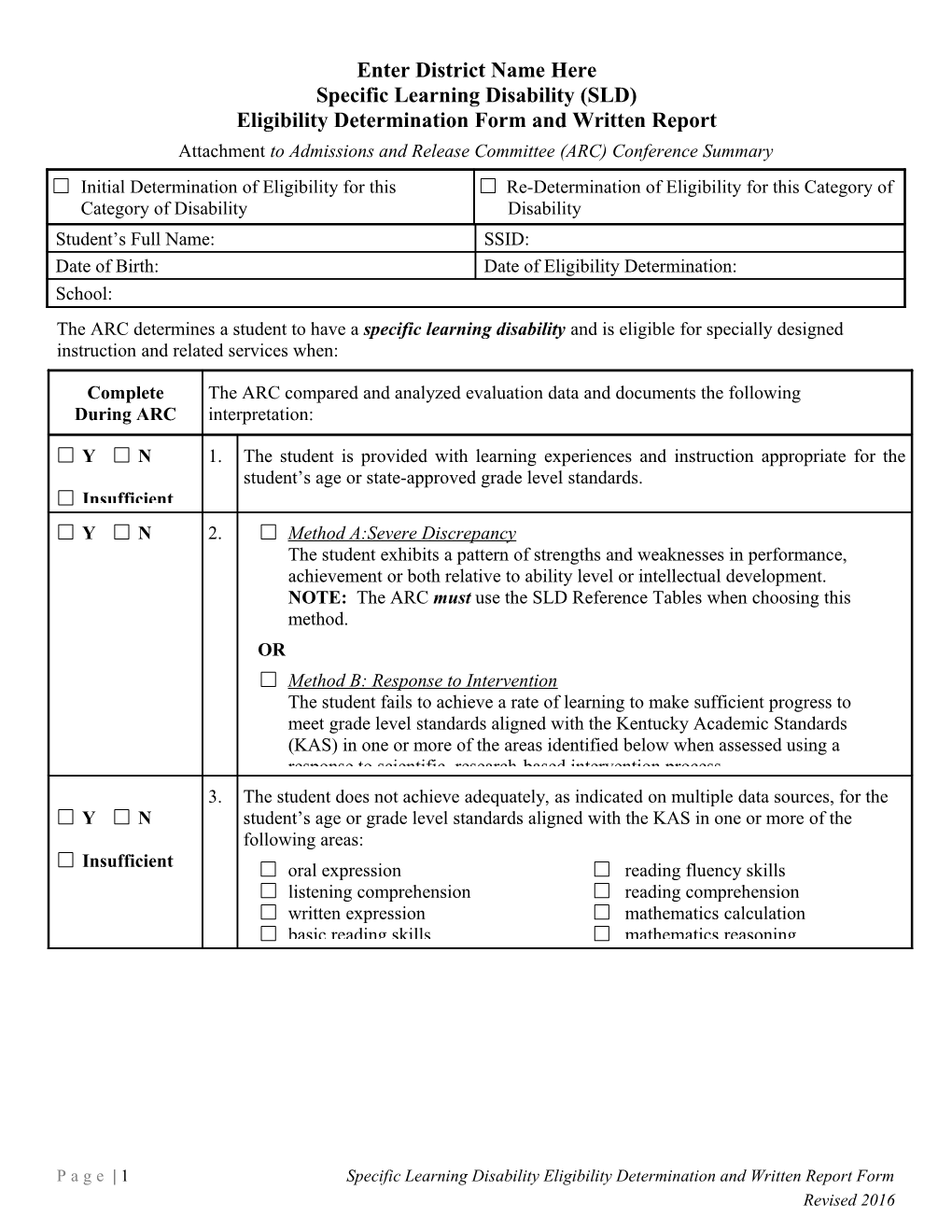 Specific Learning Disability Eligibility Determinination Form