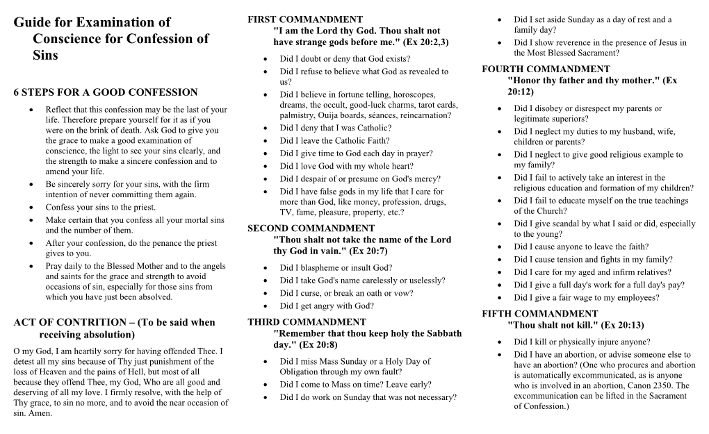 Guide for Examination of Conscience for Confession of Sins
