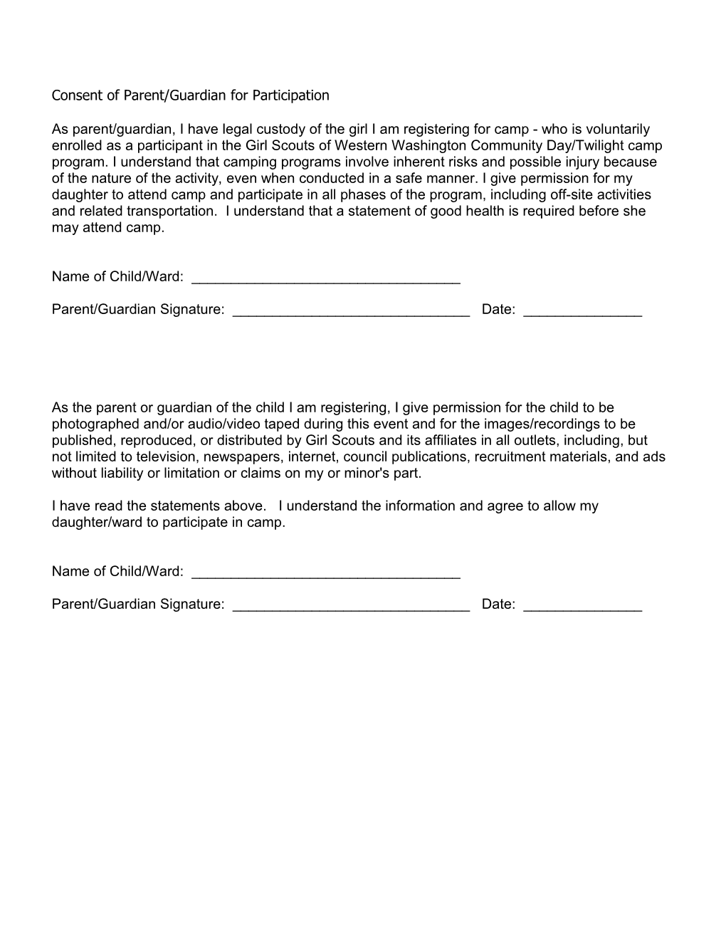 Consent of Parent/Guardian for Participation