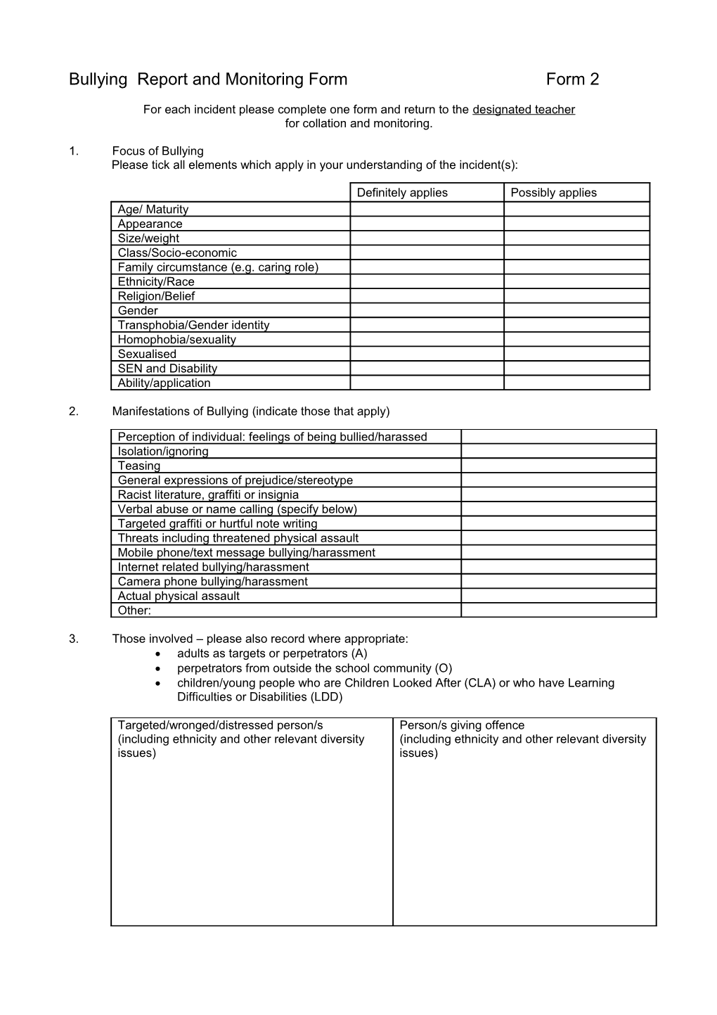 Bullying Report and Monitoring Form 2