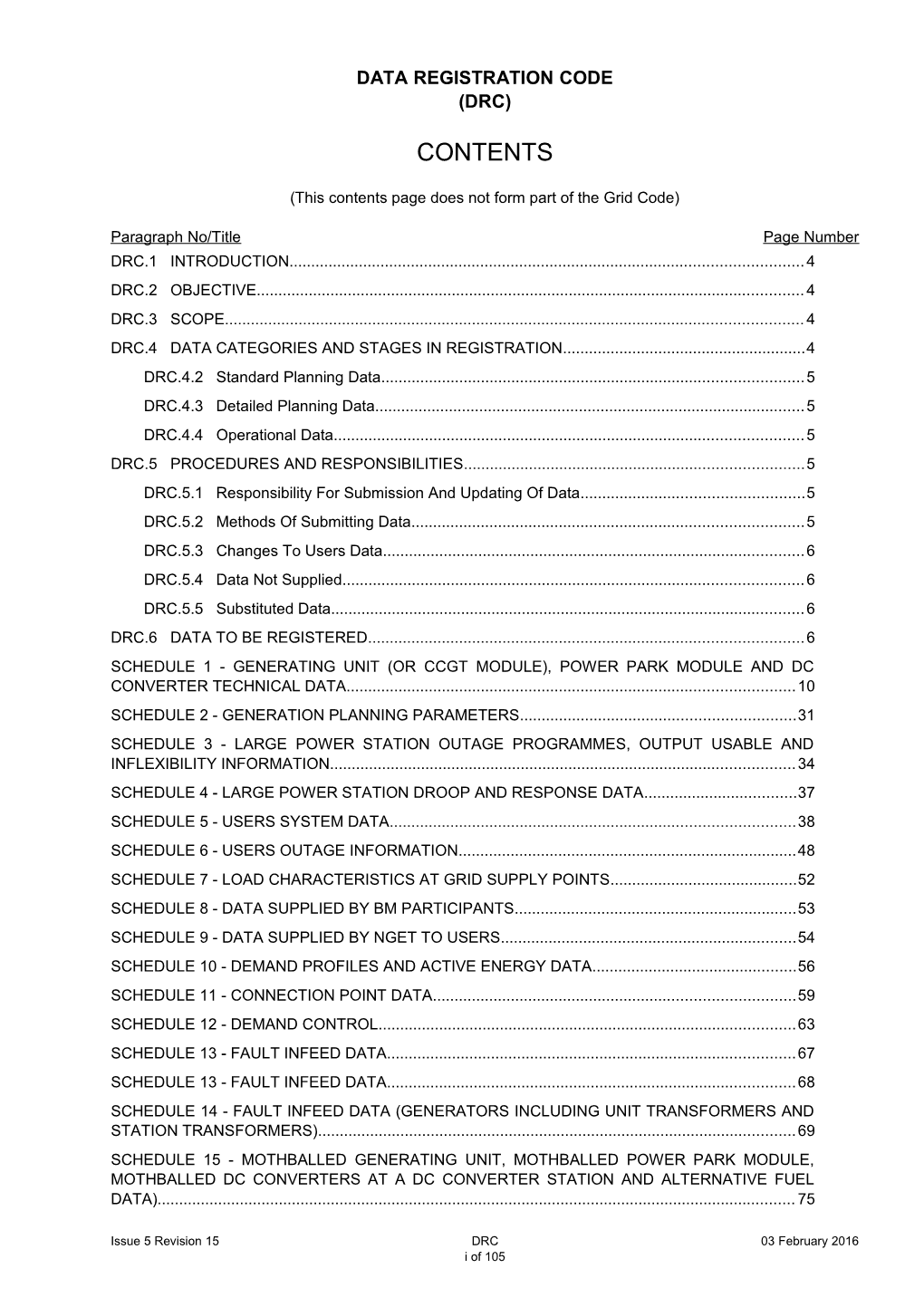 This Contents Page Does Not Form Part of the Grid Code