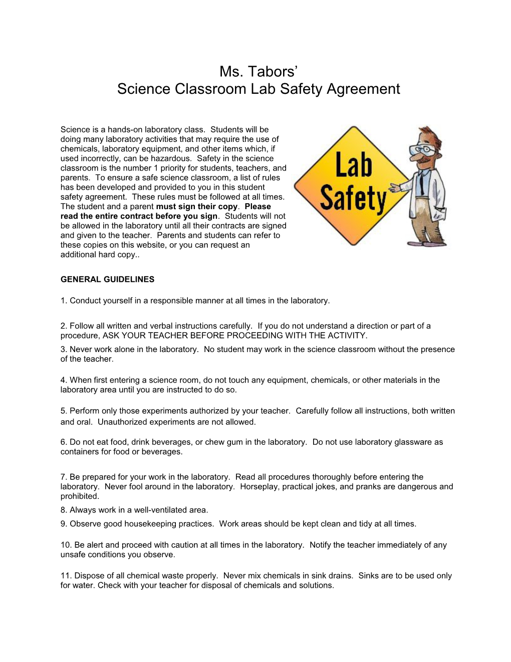 Ms. Tabors Science Classroom Lab Safety Agreement