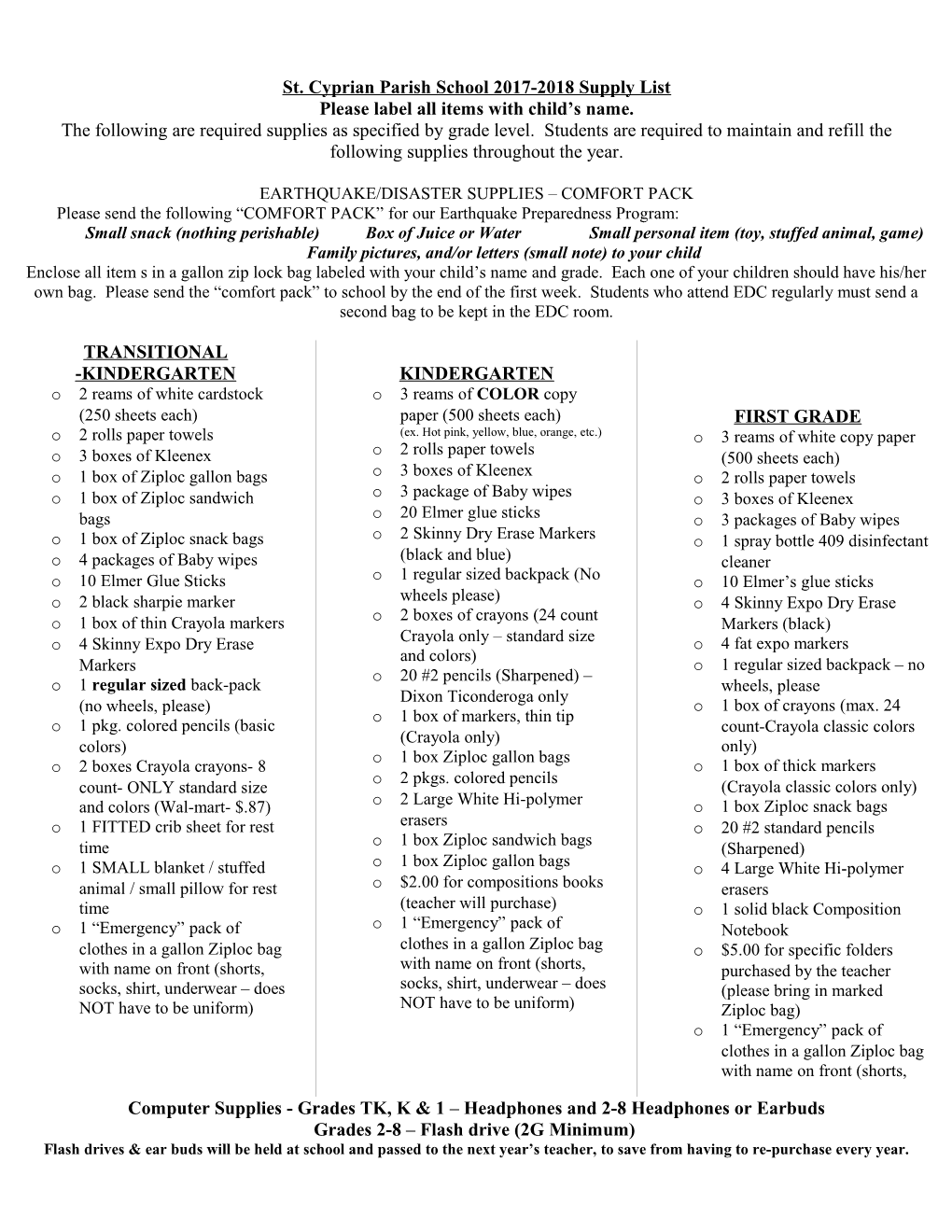 St. Cyprian Parish School 2017-2018 Supply List