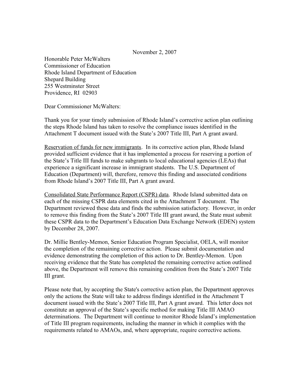 Letter Regarding the Title III, Part a Grant Award Made to Rhode Island MS Word