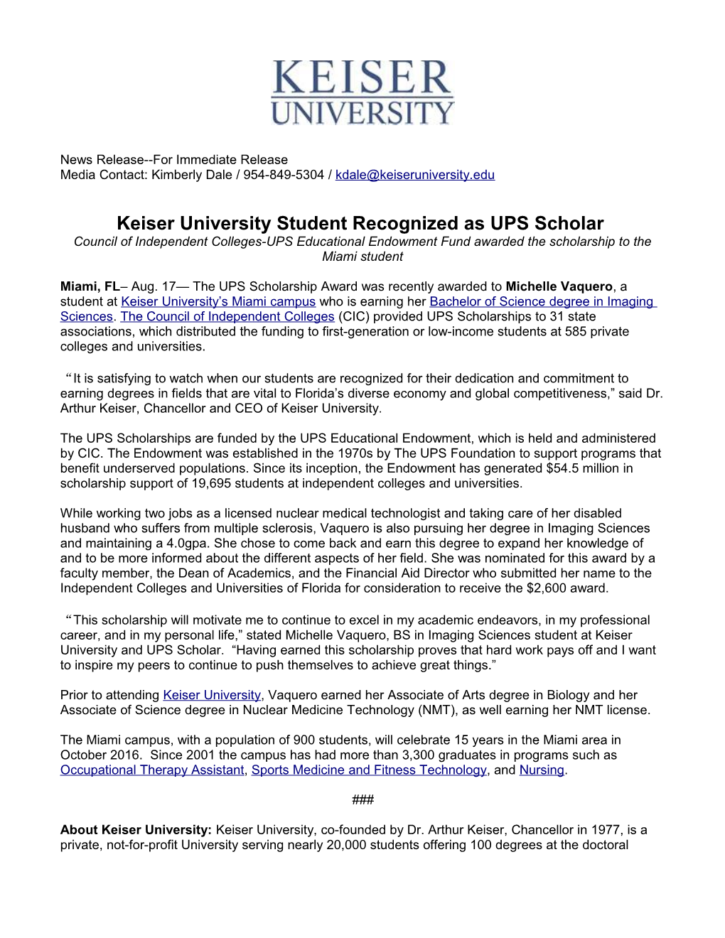 Keiser University Student Recognized As UPS Scholar