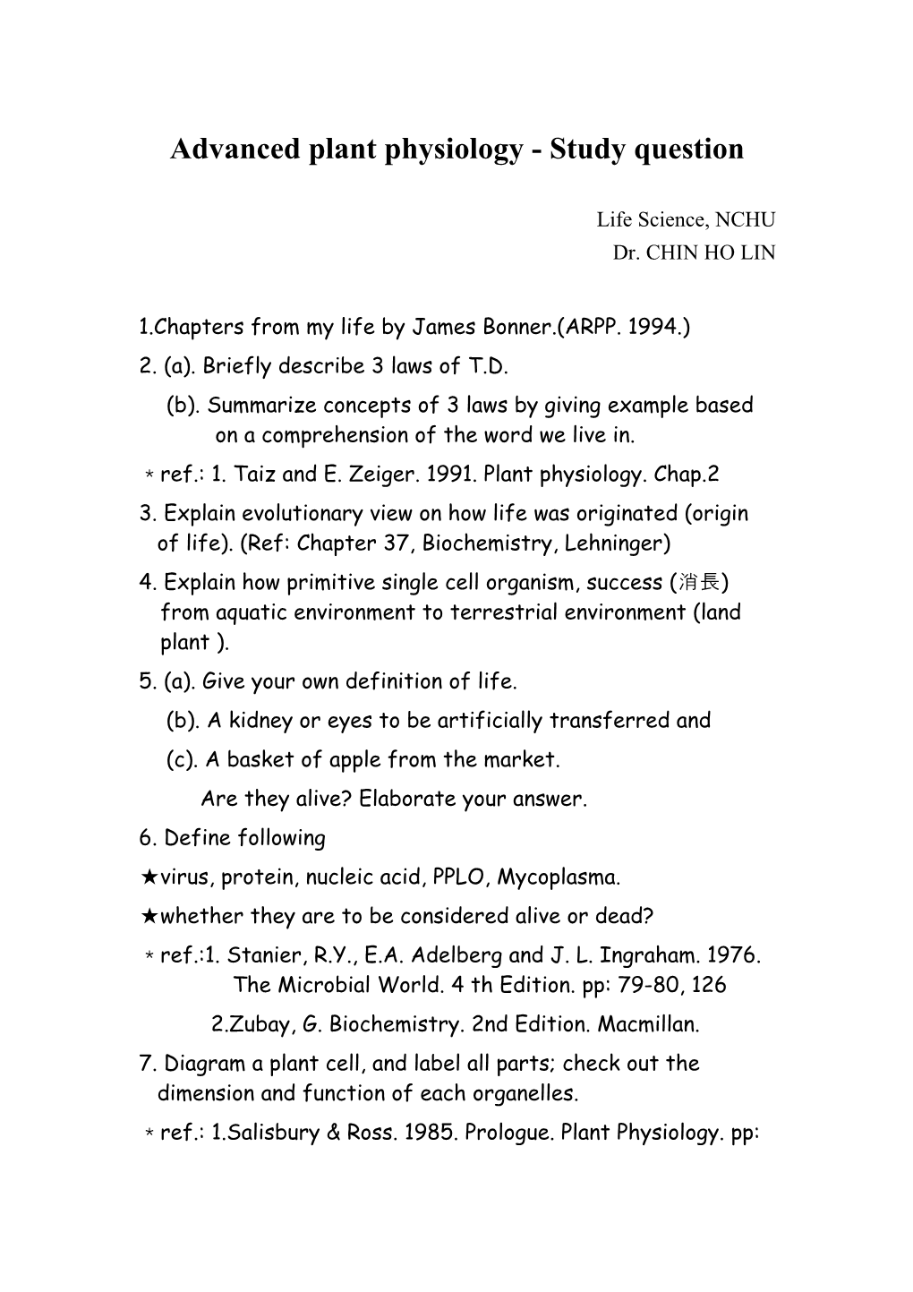 Advanced Plant Physiology - Study Question