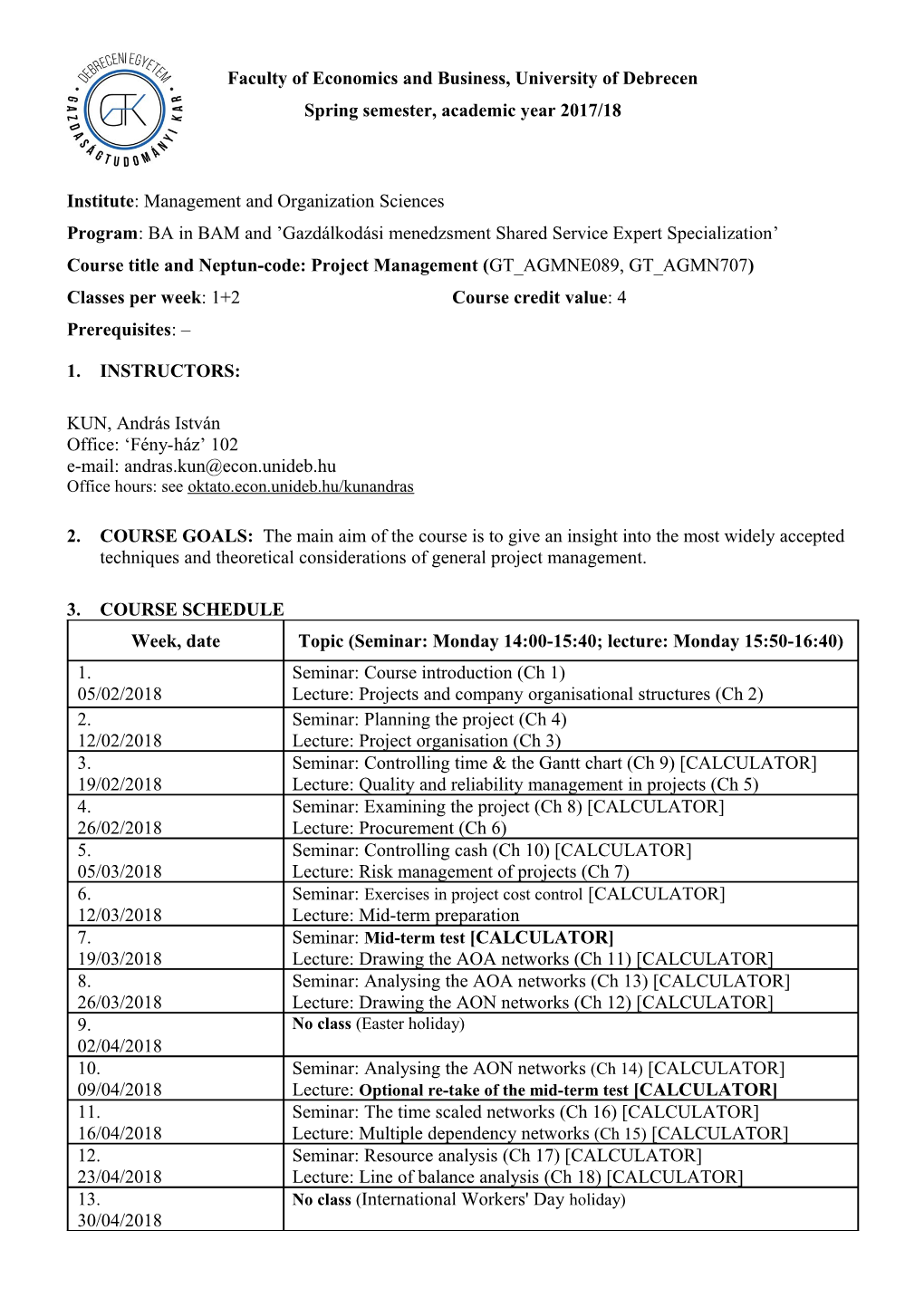 Spring Semester, Academic Year 2017/18