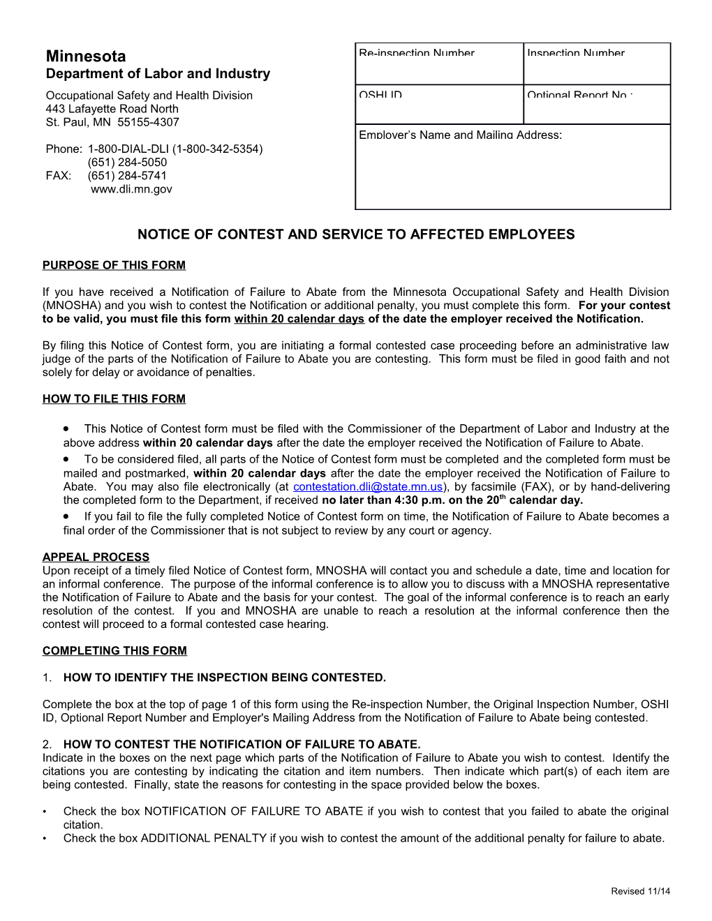 Form, Notice of Contest and Service to Affected Employees