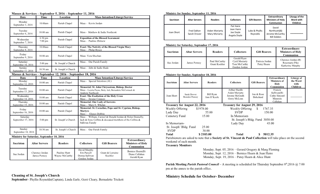 Masses & Services September 5, 2016 September 11, 2016