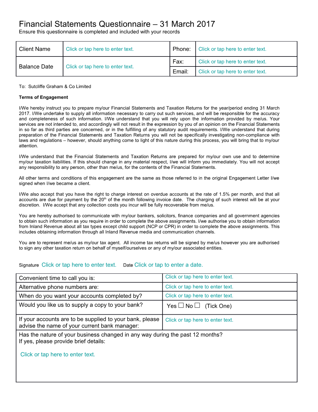 Ensure This Questionnaire Is Completed and Included with Your Records