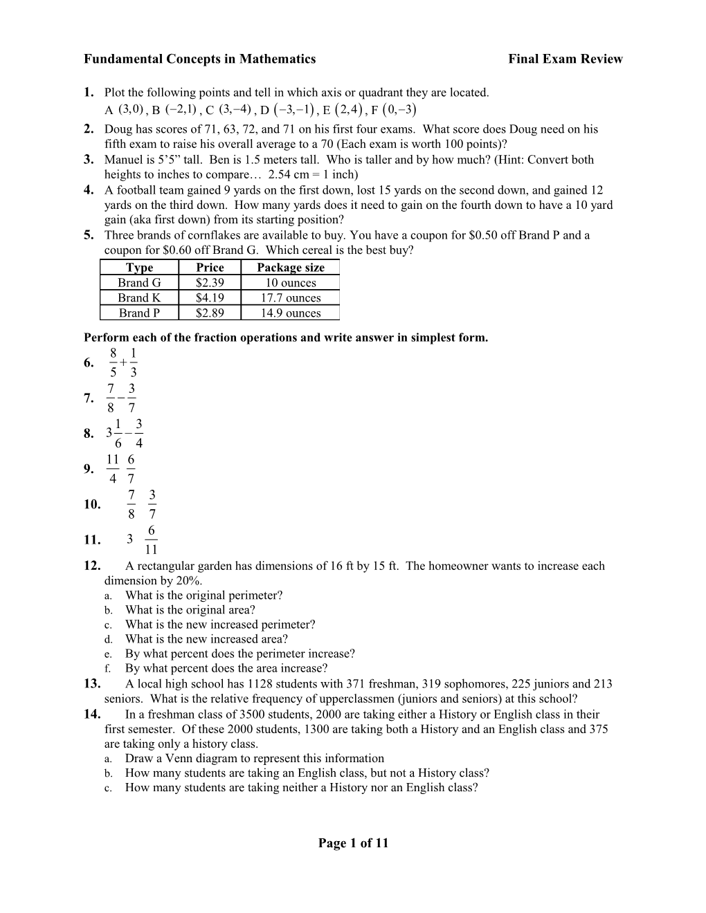 Fundamental Concepts in Mathematics Final Exam Review