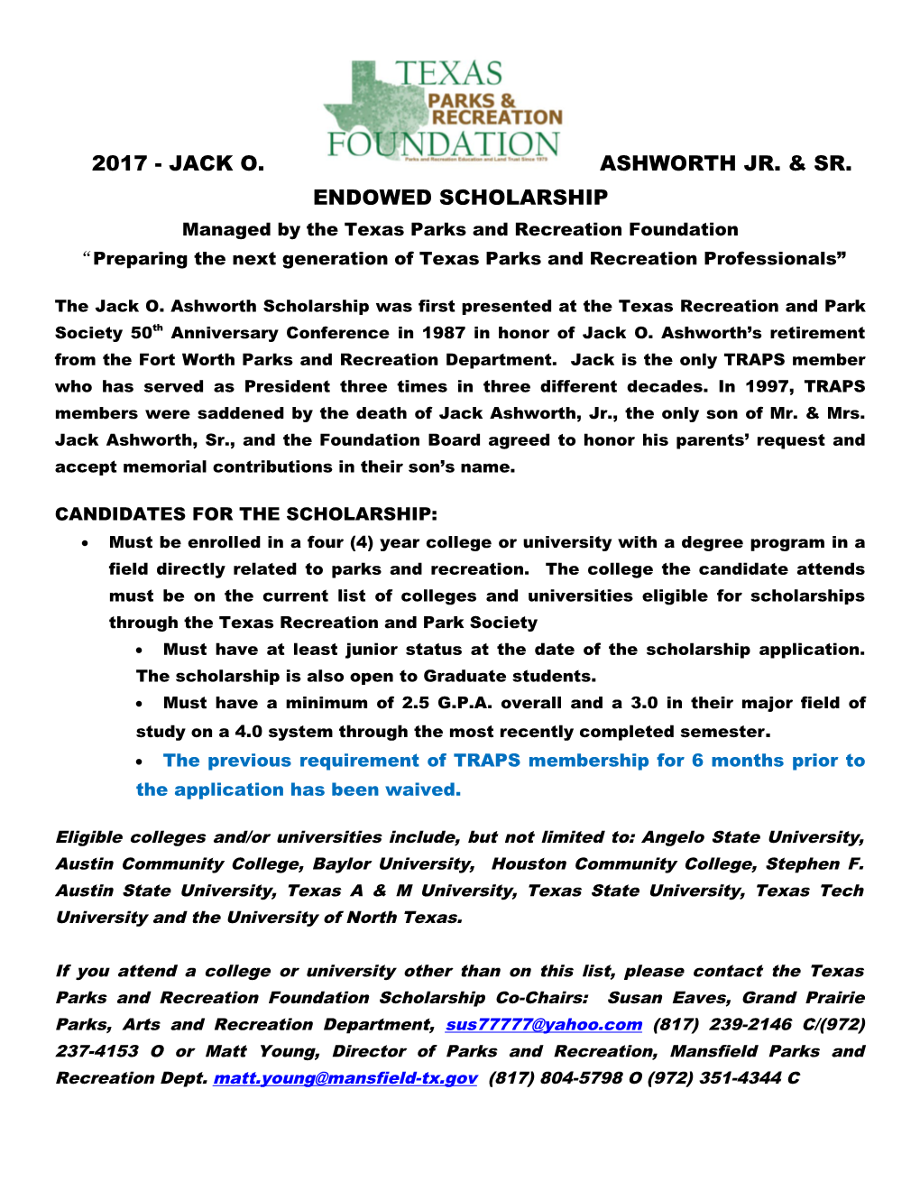 2017 - Jack O. Ashworth Jr. & Sr. Endowed Scholarship