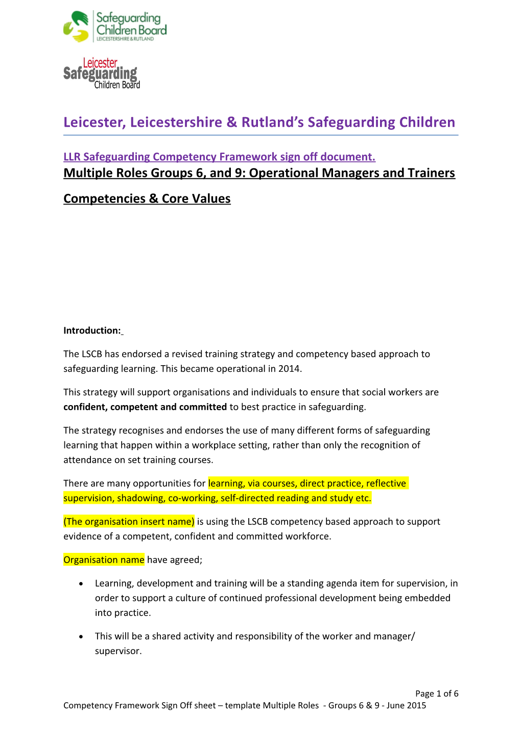 LLR Safeguarding Competency Framework Sign Off Document