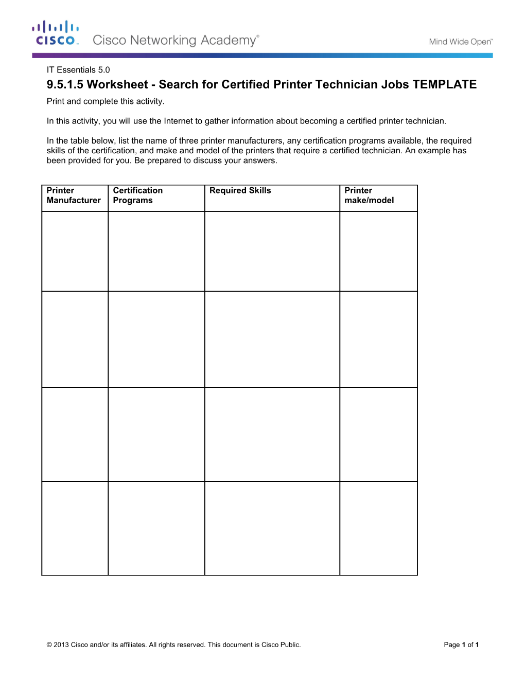 9.5.1.5 Worksheet - Search for Certified Printer Technician Jobs TEMPLATE