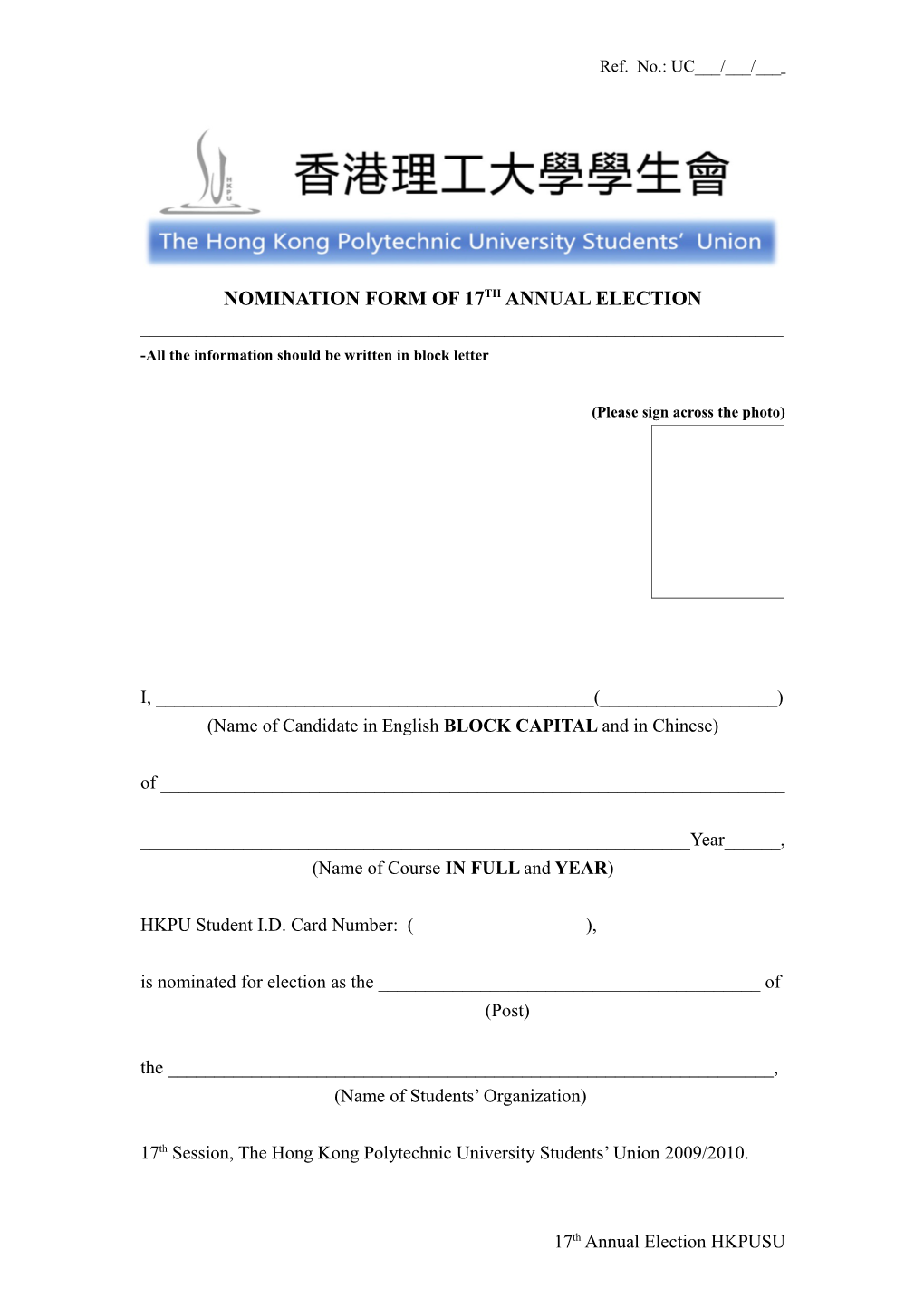 The Hong Kong Polytechic University Students Union Nomination Form