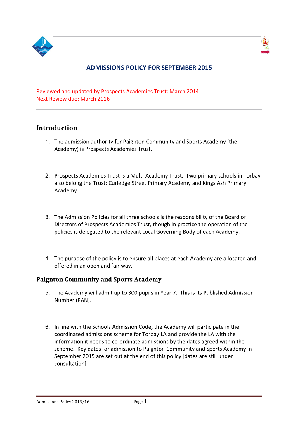 Admissions Policy for September 2015