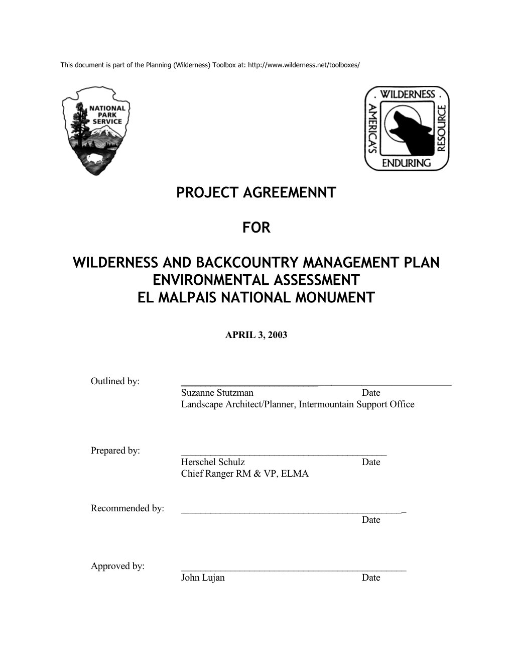 El Malpais National Monument Project Agreement for Wilderness/Backcountry Management Plan