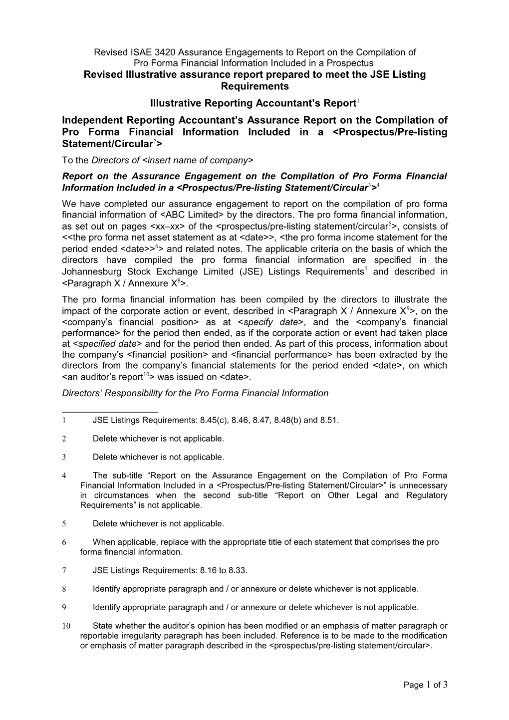 Revisedillustrative Assurance Report Prepared to Meet the JSE Listing Requirements