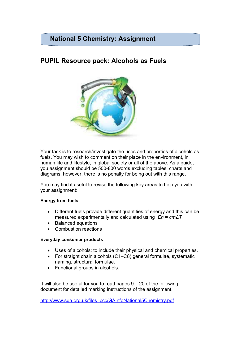 PUPIL Resource Pack: Alcohols As Fuels