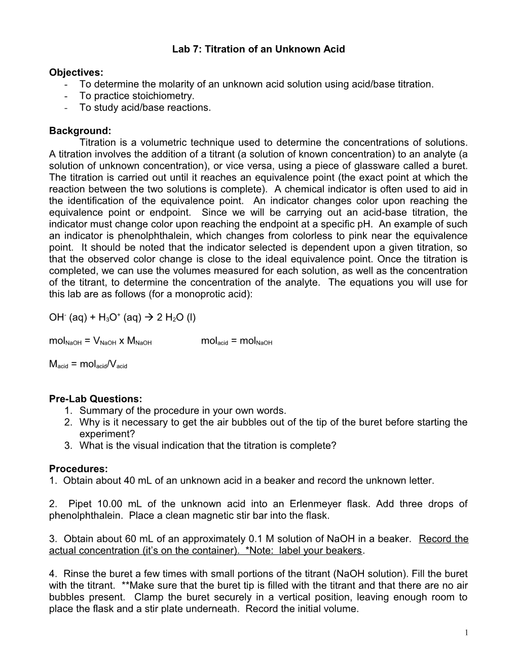 Titration of an Unknown Acid