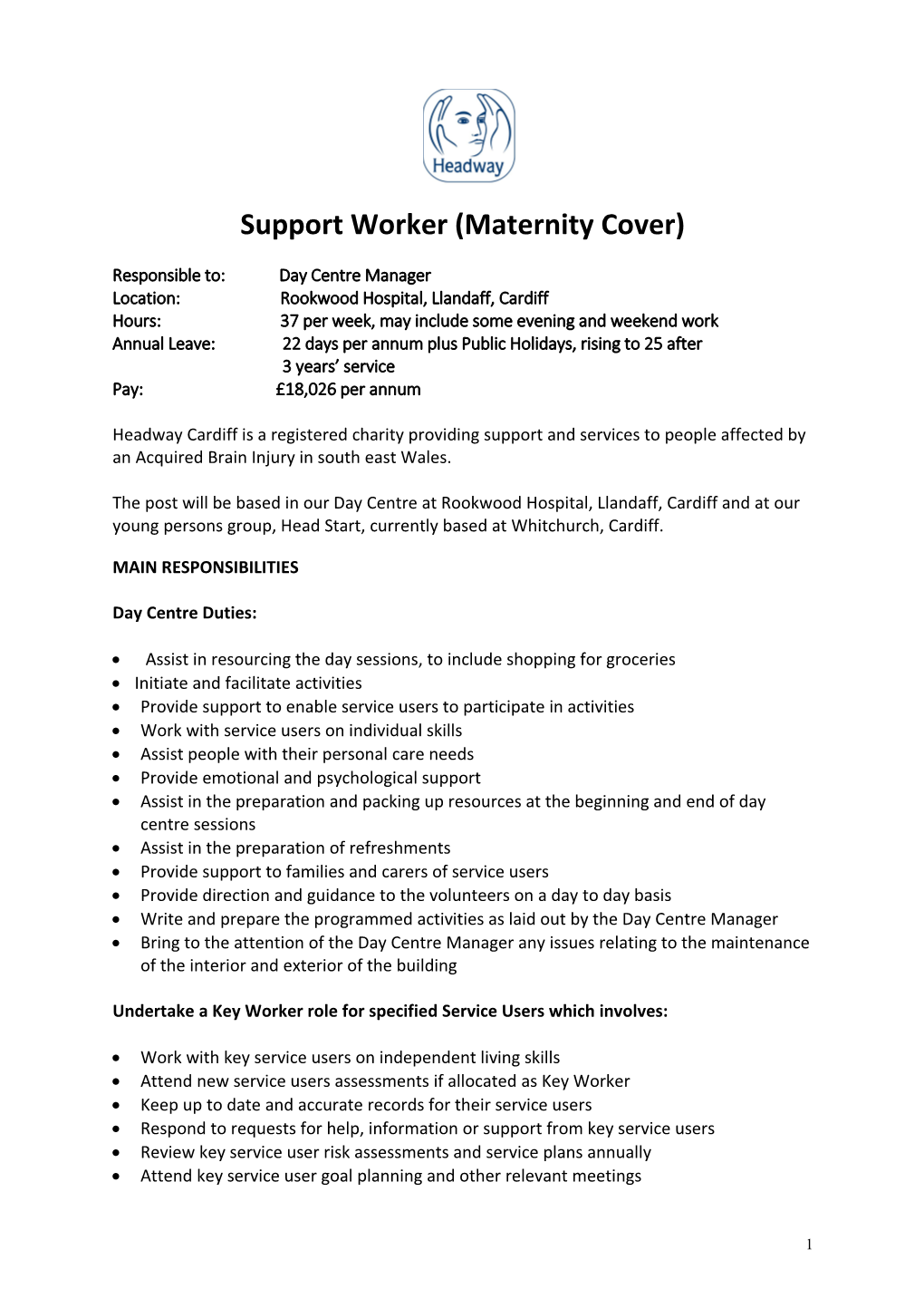 Support Worker (Maternity Cover)