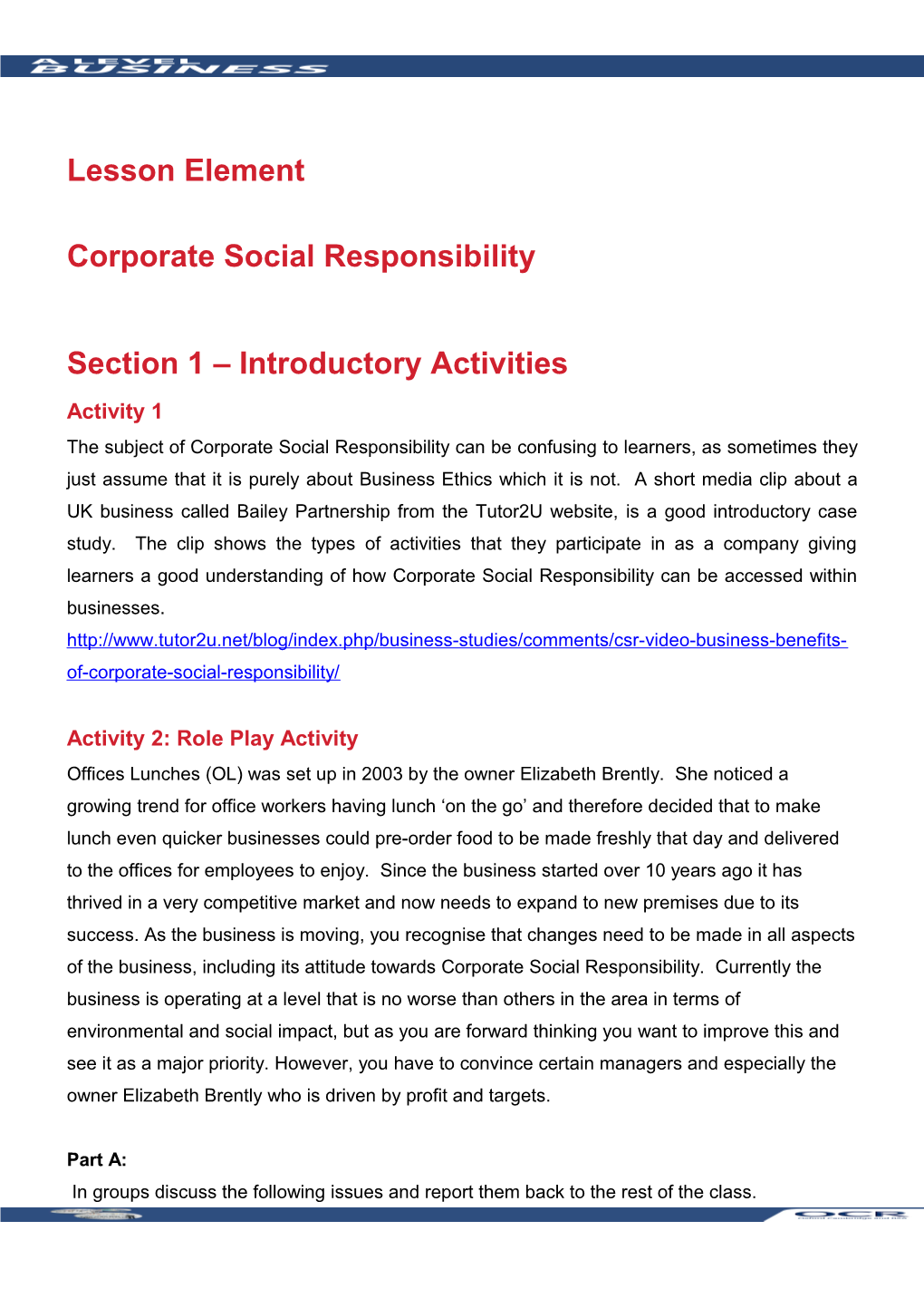 A Level Business Topic Exploration Pack Learner Activity(Corporate Social Responsibility)