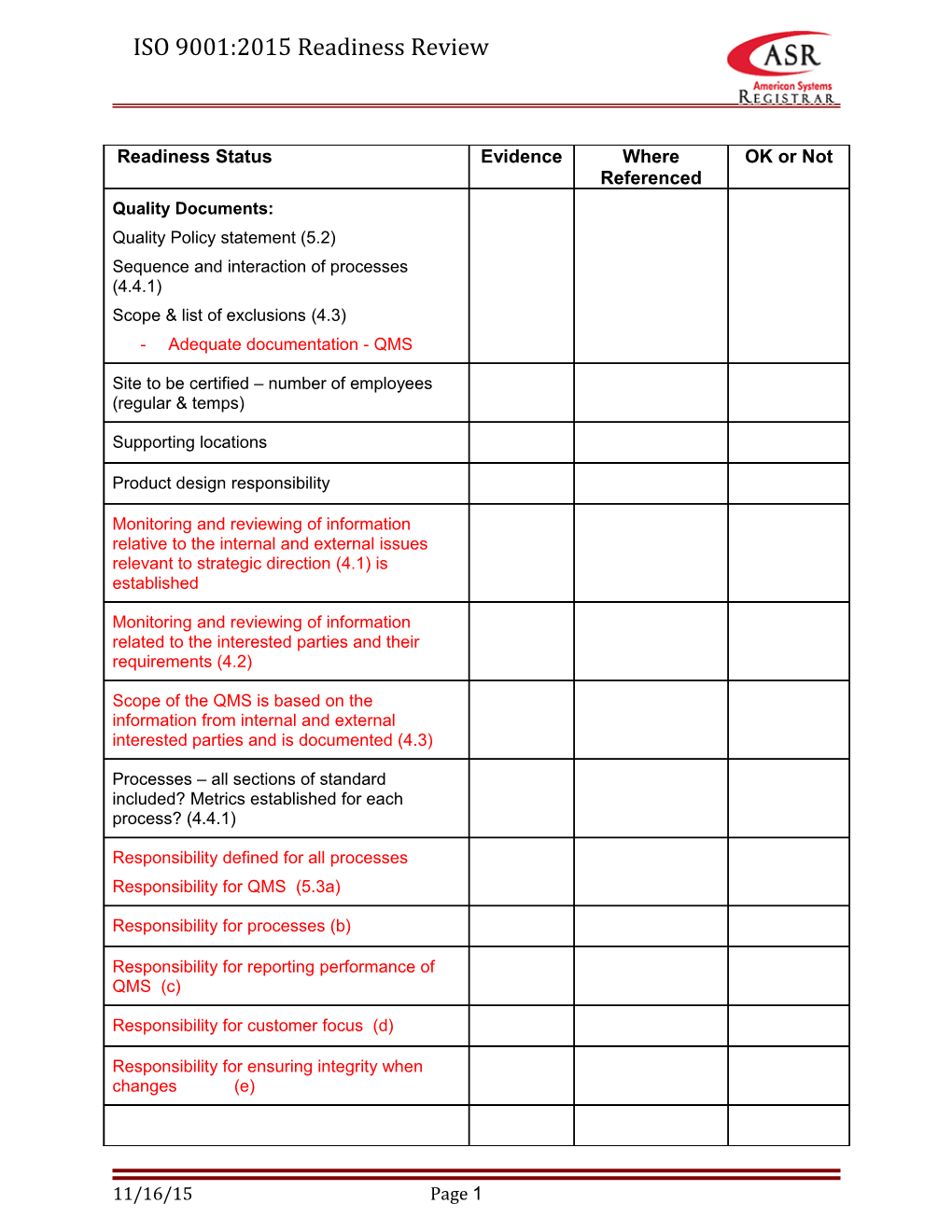 ISO 9001:2015 Readiness Review