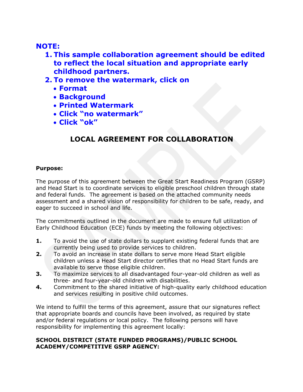 Local Agreement For Collaboration