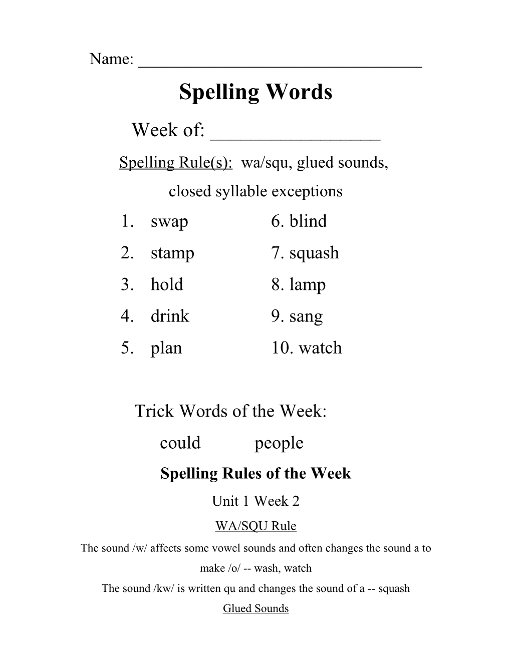 Spelling Rule(S): Wa/Squ, Glued Sounds