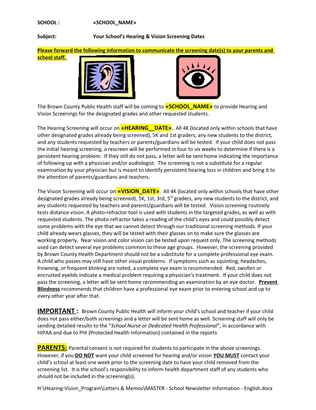 Subject: Your School S Hearing & Vision Screening Dates