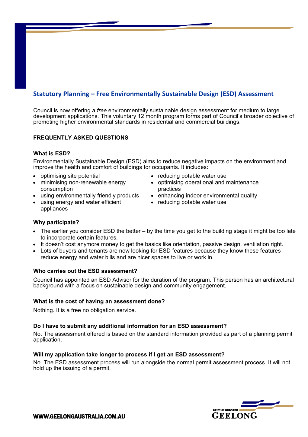 Statutory Planning Free Environmentally Sustainable Design (ESD) Assessment