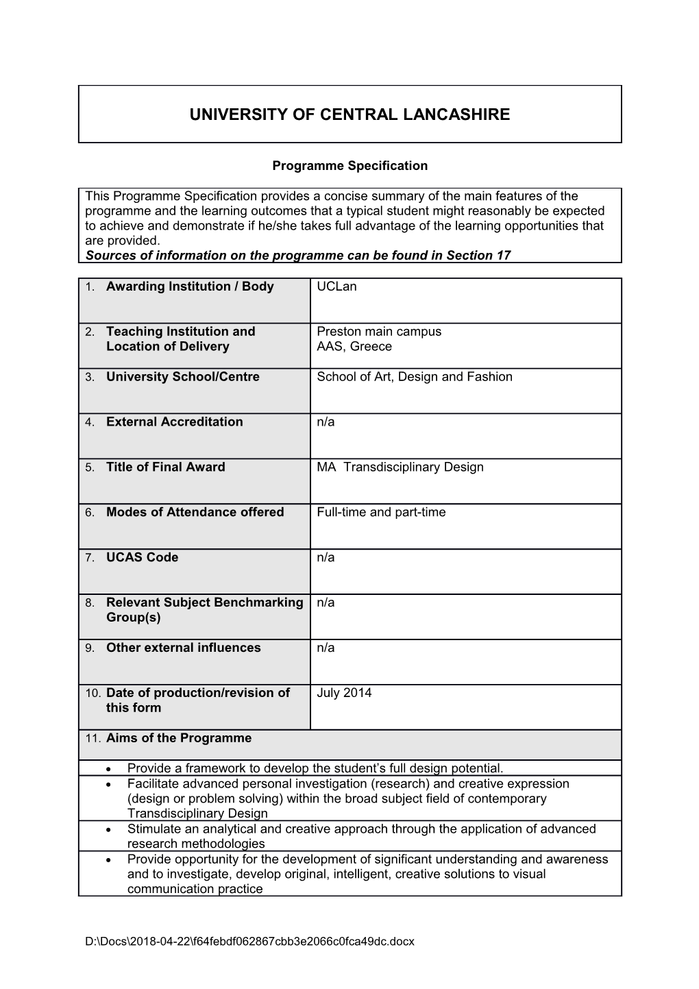 MA Transdisciplinary Design (Sept 2014)