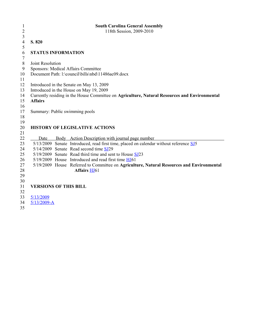 2009-2010 Bill 820: Public Swimming Pools - South Carolina Legislature Online