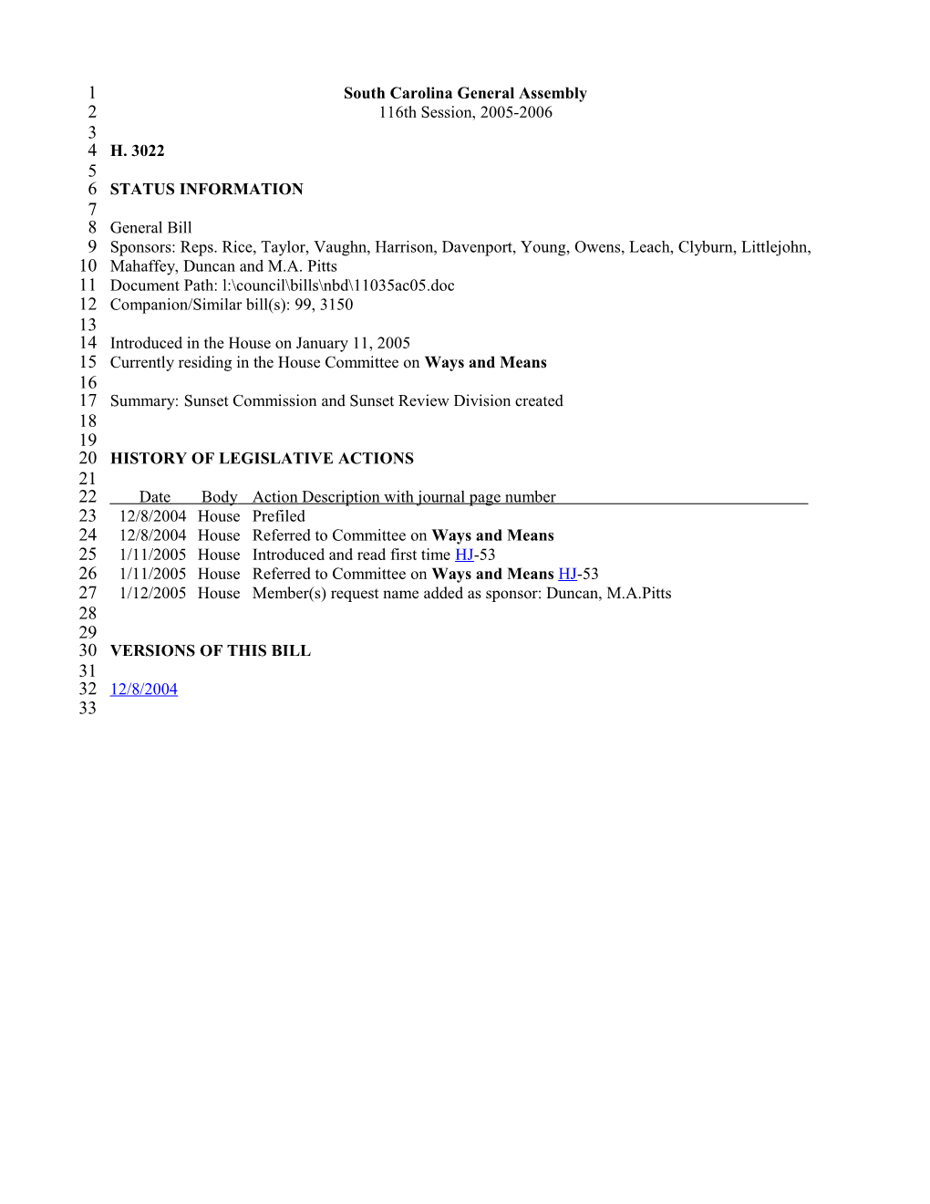 2005-2006 Bill 3022: Sunset Commission and Sunset Review Division Created - South Carolina