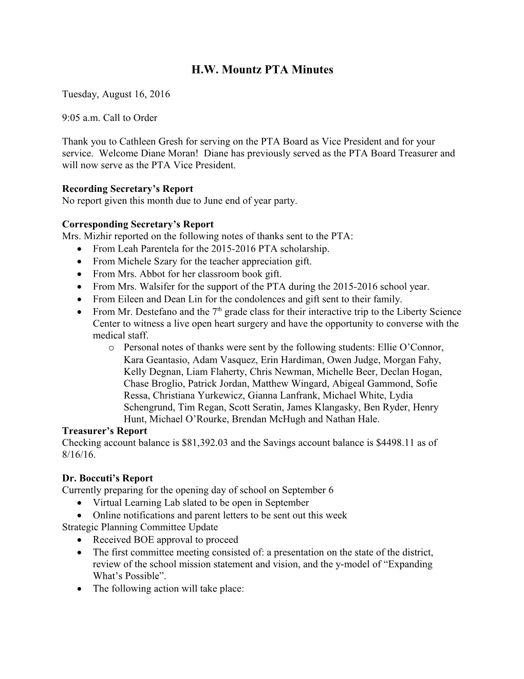 H.W. Mountz PTA Minutes