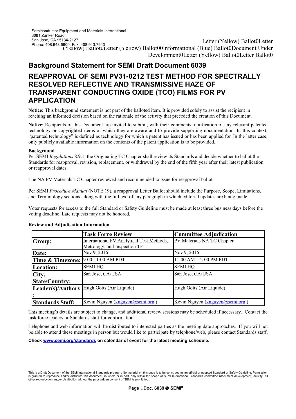 Background Statement for SEMI Draft Document 6039