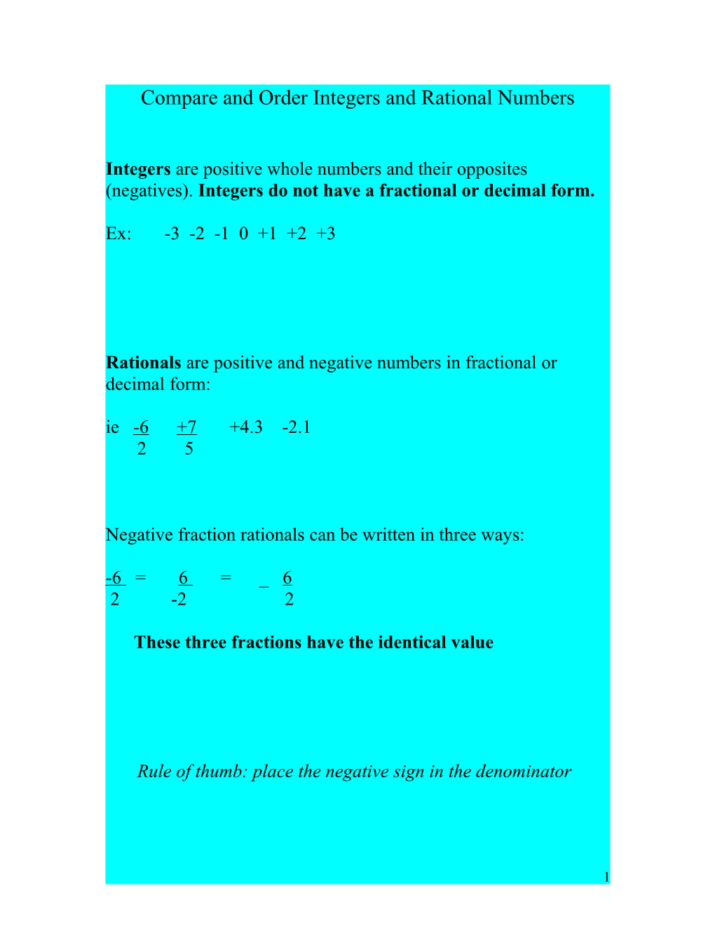 Compare and Order Integers and Rational Numbers