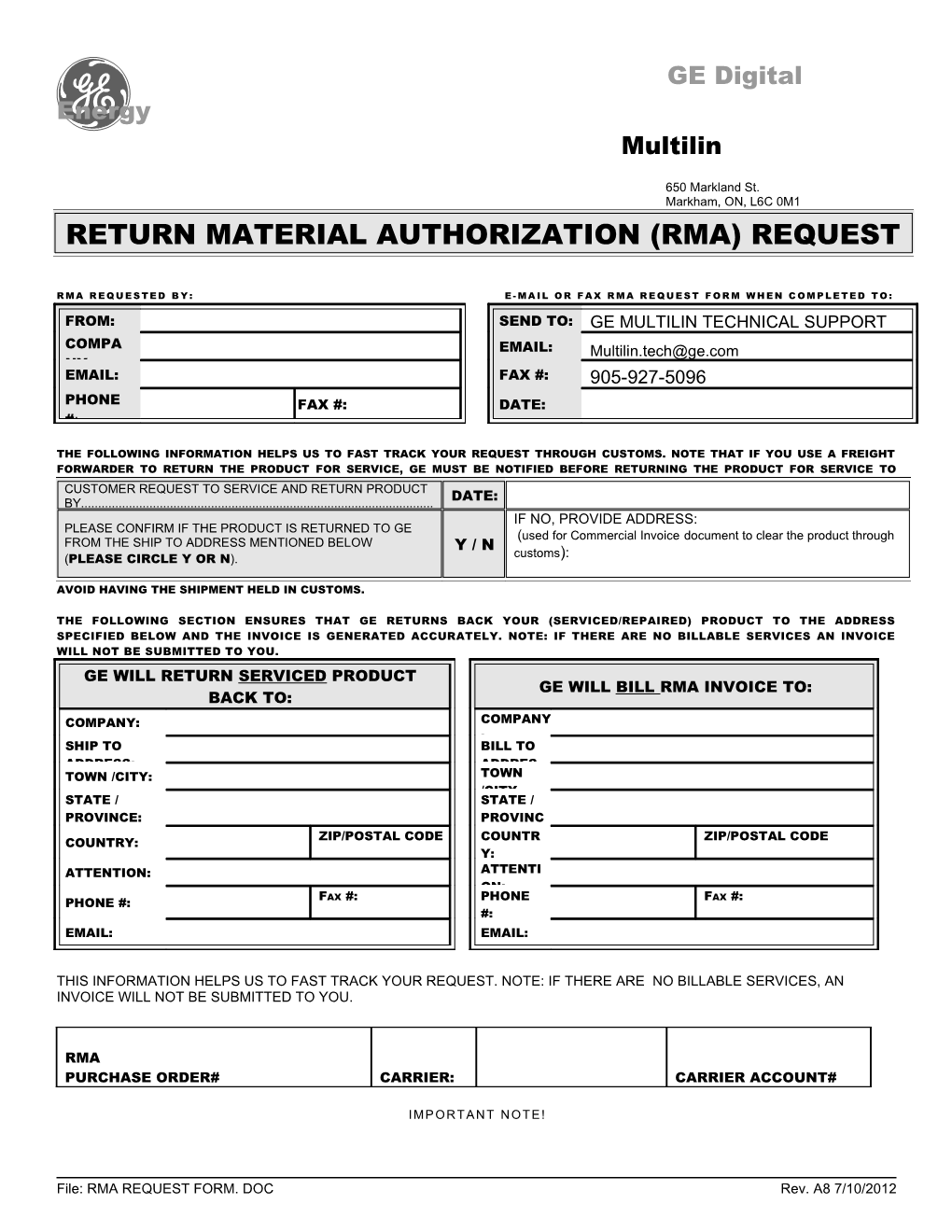 Return Material Authorization (Rma) Request