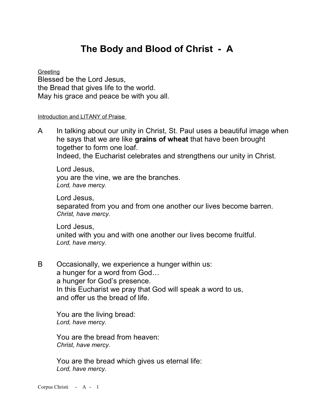 The Body and Blood of Christ - Year B