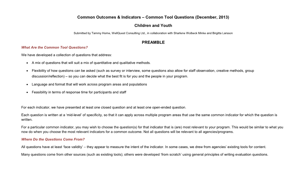 Common Outcomes & Indicators Common Tool Questions (December, 2013)