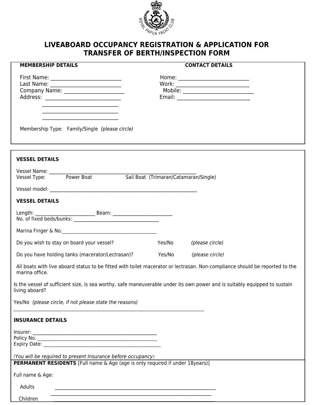 Liveaboard Occupancy Registration & Application for Transfer of Berth/Inspection Form