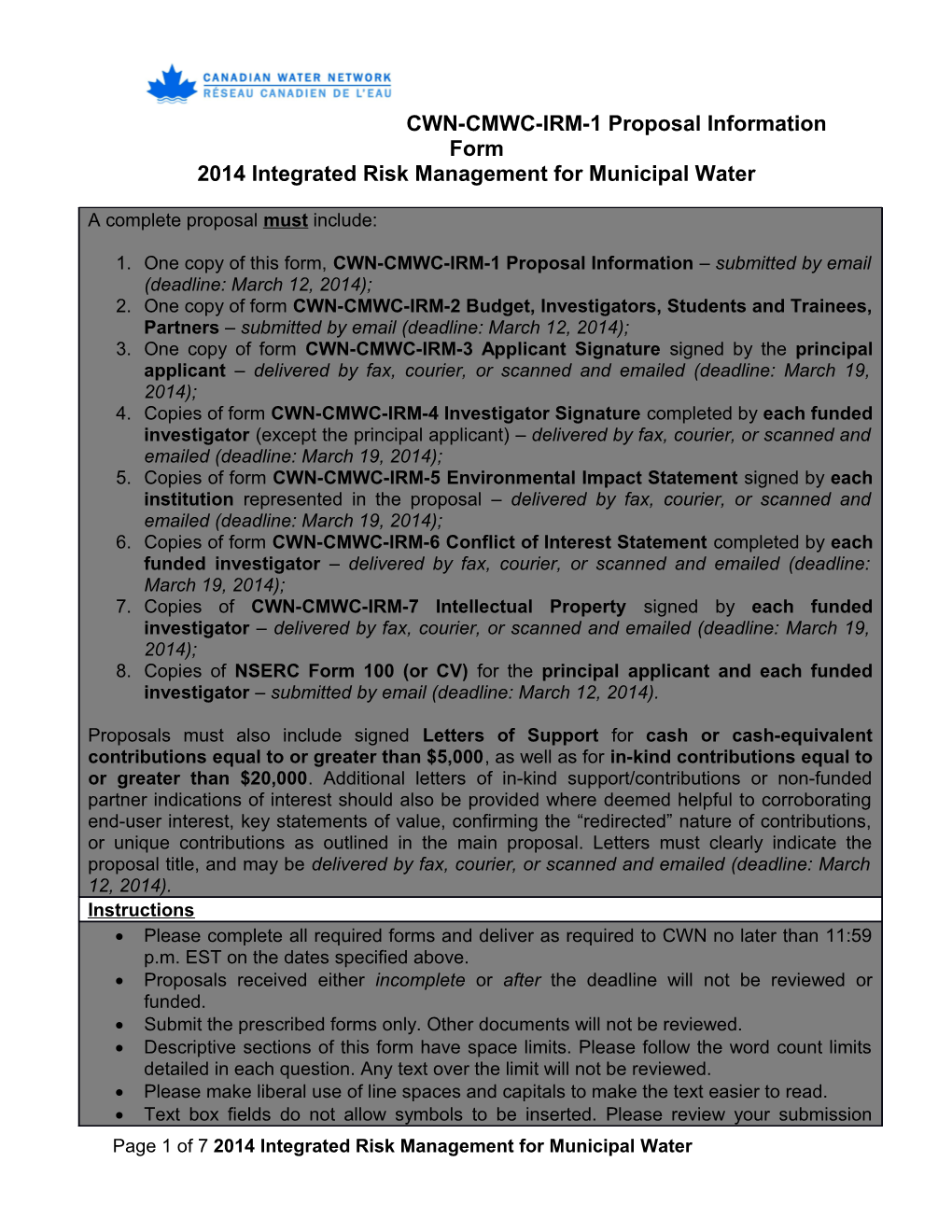 CWN-CMWC-IRM-1 Proposal Information Form
