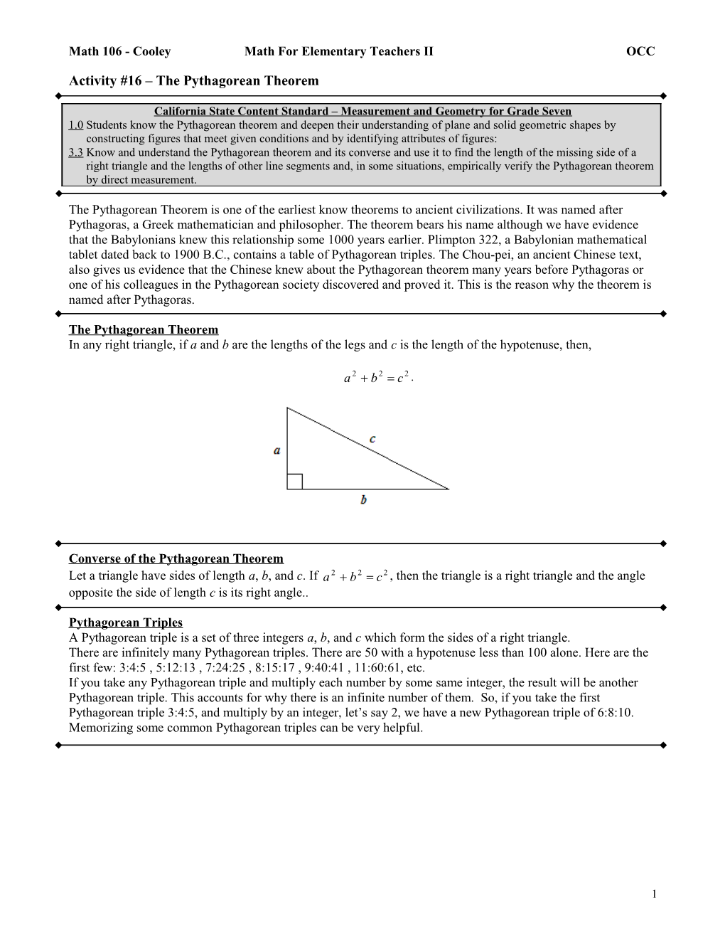 Math 106 - Cooley Math for Elementary Teachers II OCC