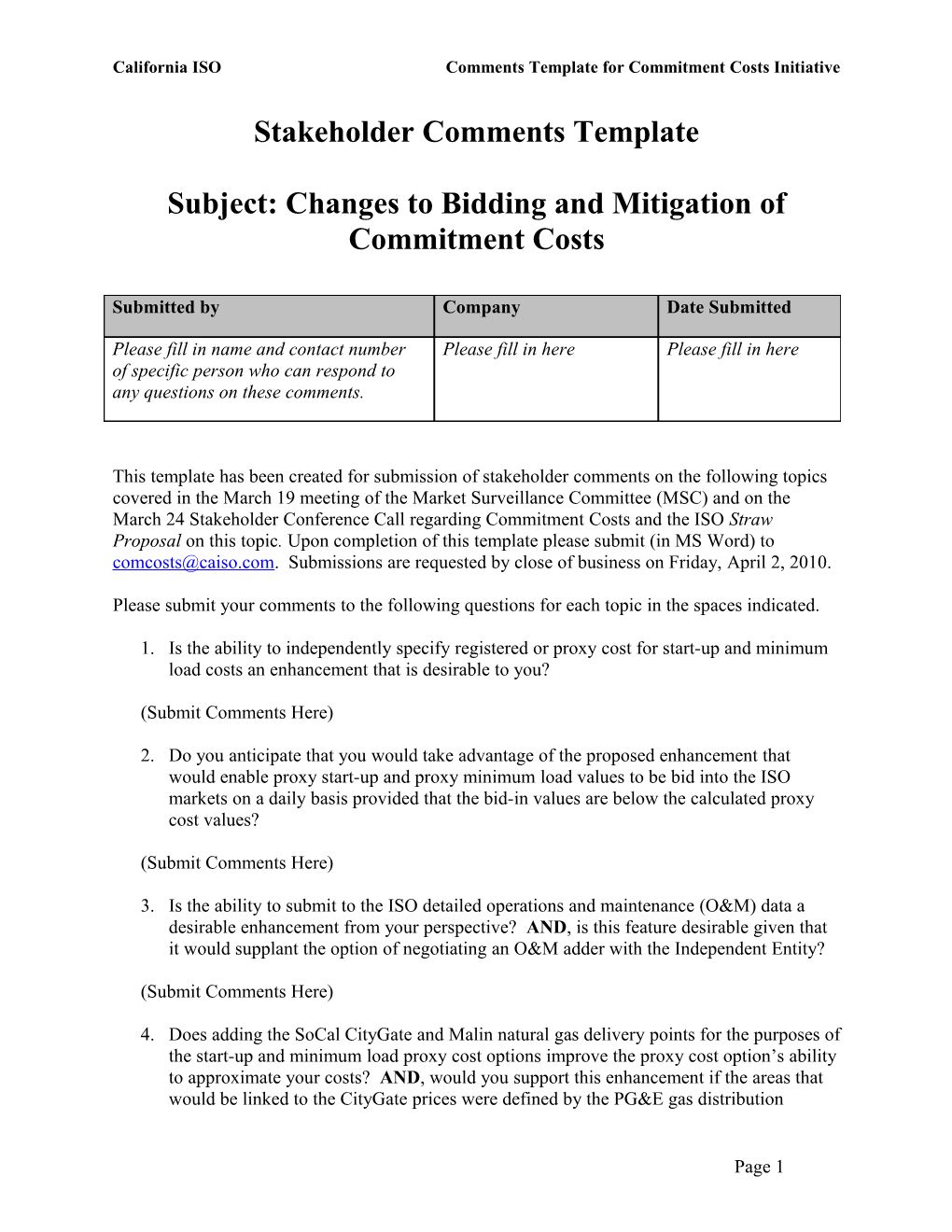 Comments Template - Straw Proposal on Changes to Bidding and Mitigation of Commitment Costs