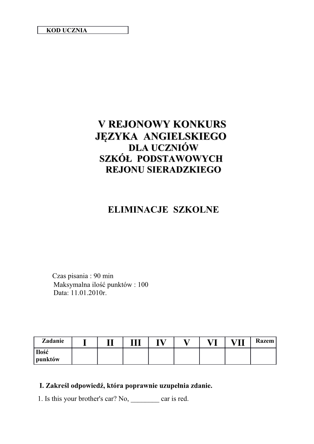 V Rejonowy Konkurs Językaangielskiego