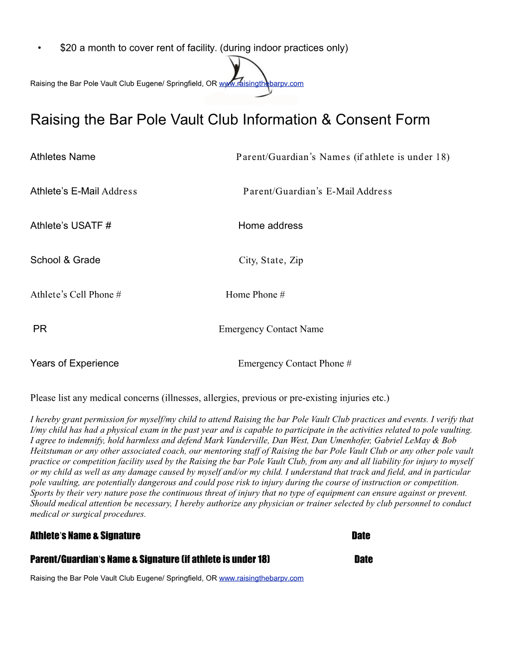 Raising the Bar Pole Vault Club Membership and FAQ & Information Packet