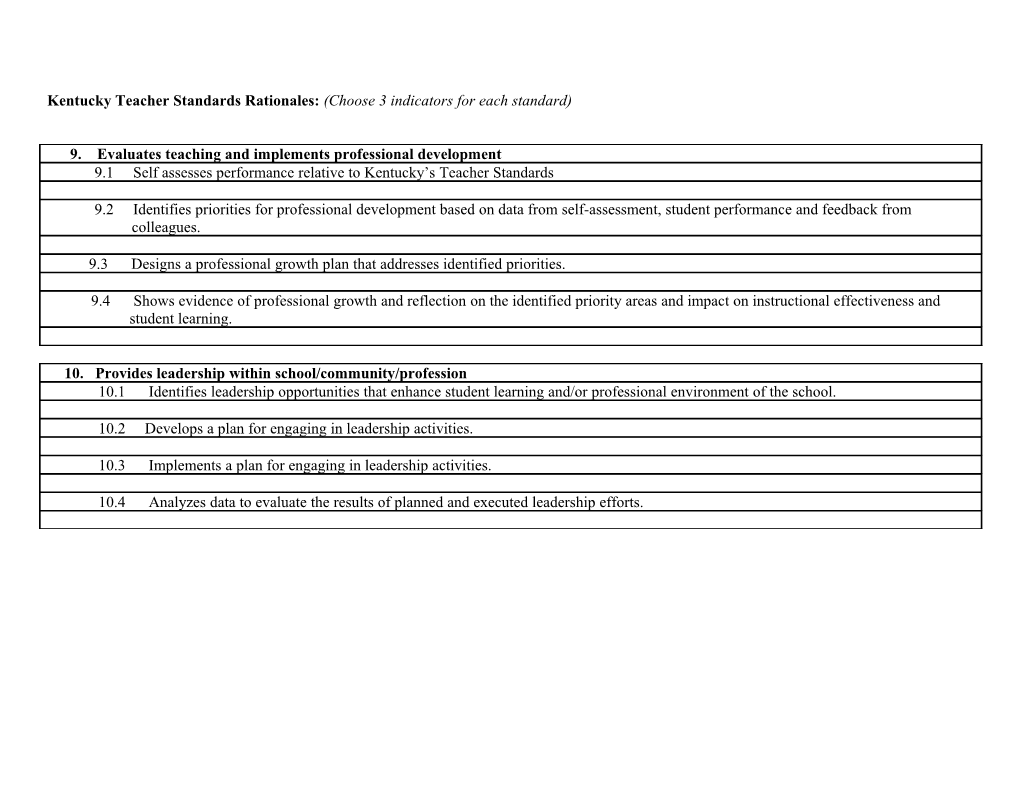 Kentucky Teacher Standards Rationales: (Choose 3 Indicators for Each Standard)